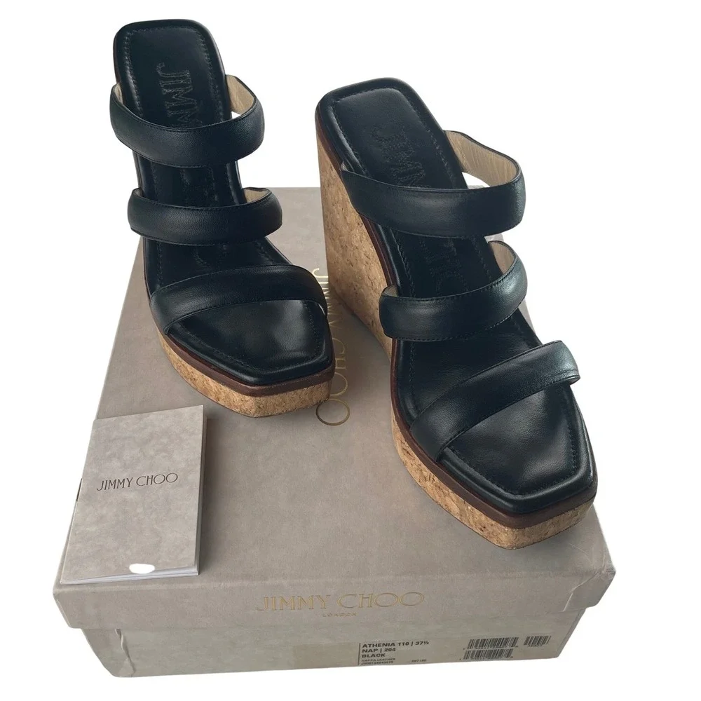 Jimmy Choo Athena‎ Black Leather Cork Wedge Platform Sandals Slides 37.5/US 7.5